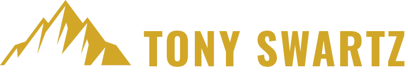 A logo for tony swartz with a mountain in the background